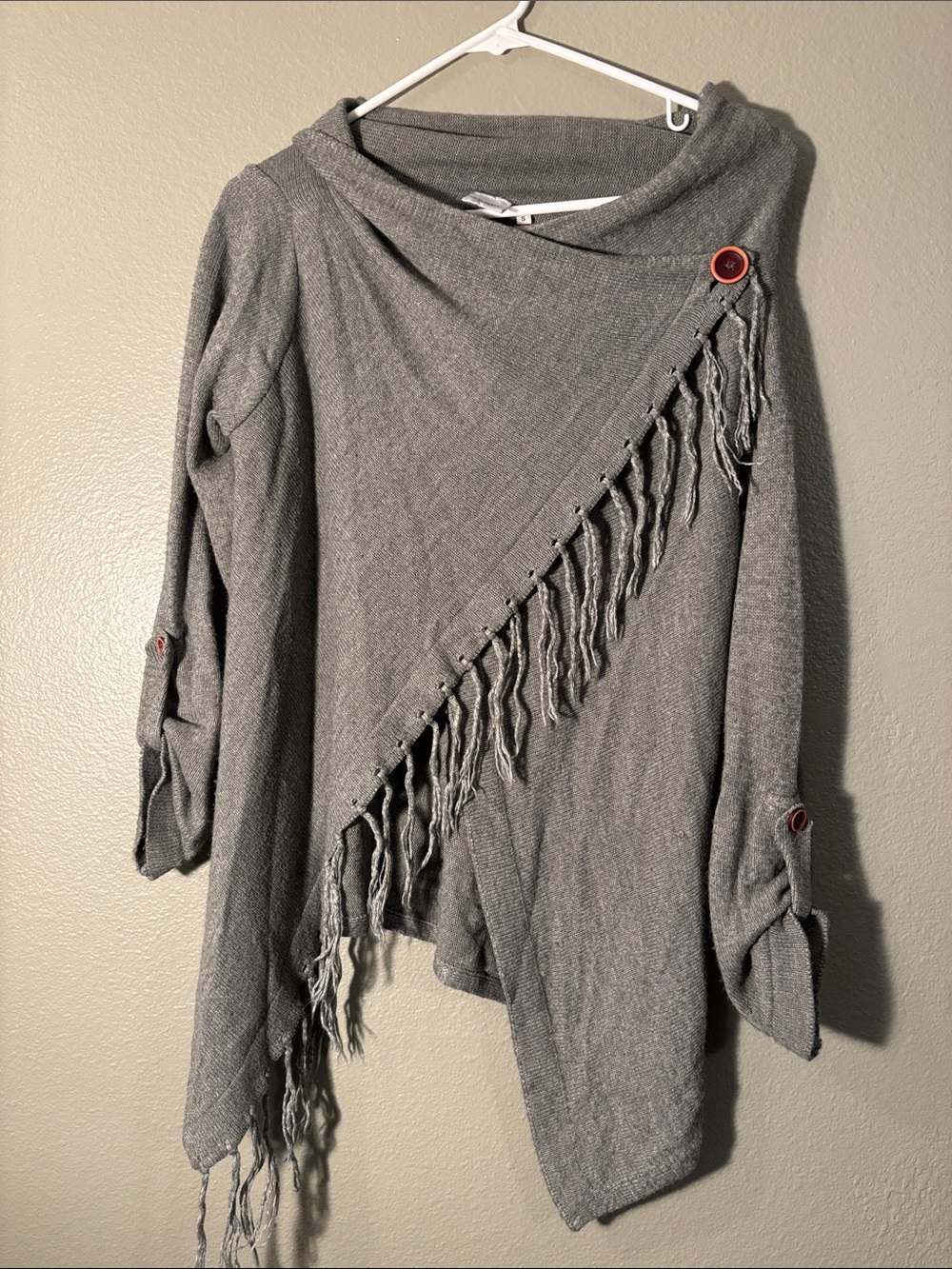 Gray -Green Fringe Button-Accent Asymmetrical Knit Poncho/Sweater